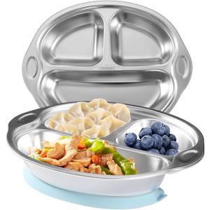 Mrs. Chou BPA-Free 100% Food-Grade Stainless Steel Baby Plates with Suction Divided Designed for Babies and Toddlers, Ideal for Kids Infant Baby-Led Weaning Toddler Feeding Supplies Dishwasher Safe (Blue)