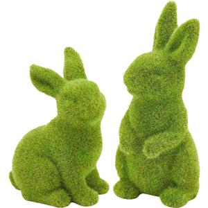 2 PCS Moss Bunny Decorative Figurines Flocked Resin Easter Bunny Decor Green Moss Bunnies for Spring Indoor Table and Bookshelf Decorations Home Rabbit Decorations(Small Moss)