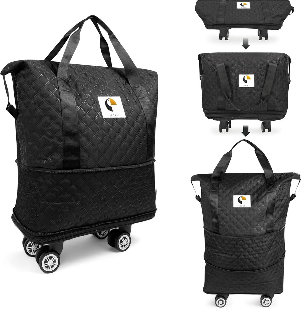 ISOKE Foldable Travel Duffel Bag - TSA Approved - With Wheels & Shoe Compartment - Weekender Bags for Women - Carry On Overnight Bag - Black - 16"×10"×24"