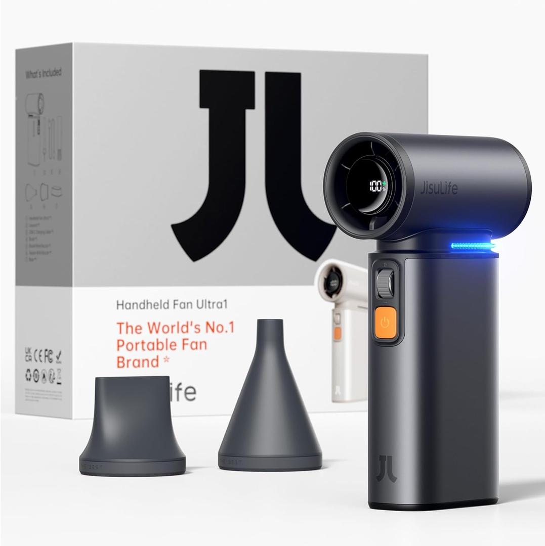 JISULIFE Portable Handheld Turbo Fan, 100 Speeds Adjustable Mini Personal Fan, 9000mAh USB Rechargeable Battery Operated, LED Display, Metal Shell with Accessories Gifts for Men Women Travel- Grey