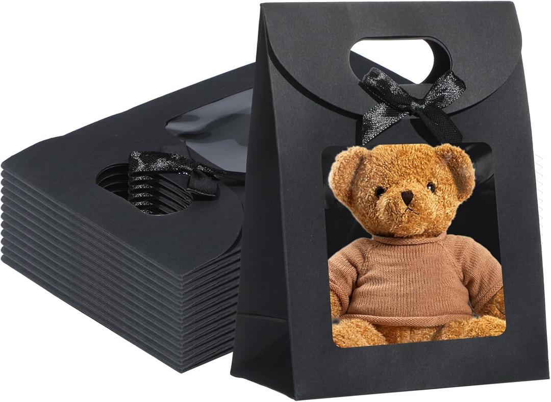 Liobelon 12 Pieces Kraft Paper Gift Bags with Clear Window, Stand Up Gift Bag With Handles Packaging Bag with Bow for Candy Cookies Party Store (black, 6.3 x 4.7 x 2.4inch)