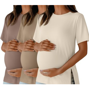 Ficerd 3 Pack Women's Maternity T Shirts, Short Sleeve Side Split Pregnancy Tops Casual Crew Neck Pregnant Tees Mama Clothes, Large