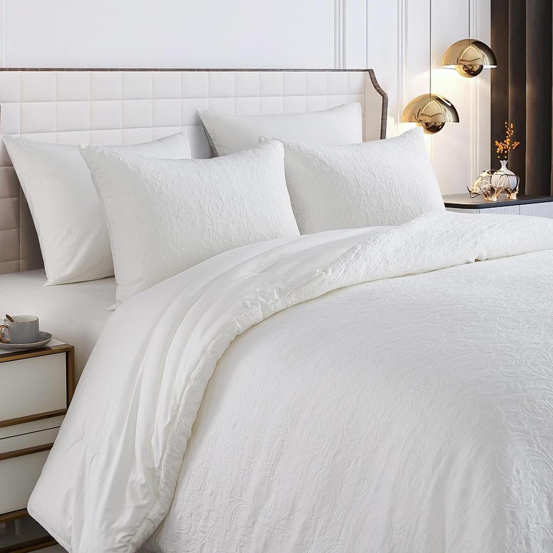 King Comforter Set, Cotton Comforter Stone Washed in White, Vintage Farmhouse Bedding, Jacquard with Curling Grass Pattern, 3-Piece Set (1 Comforter, 2 Pillow Shams)