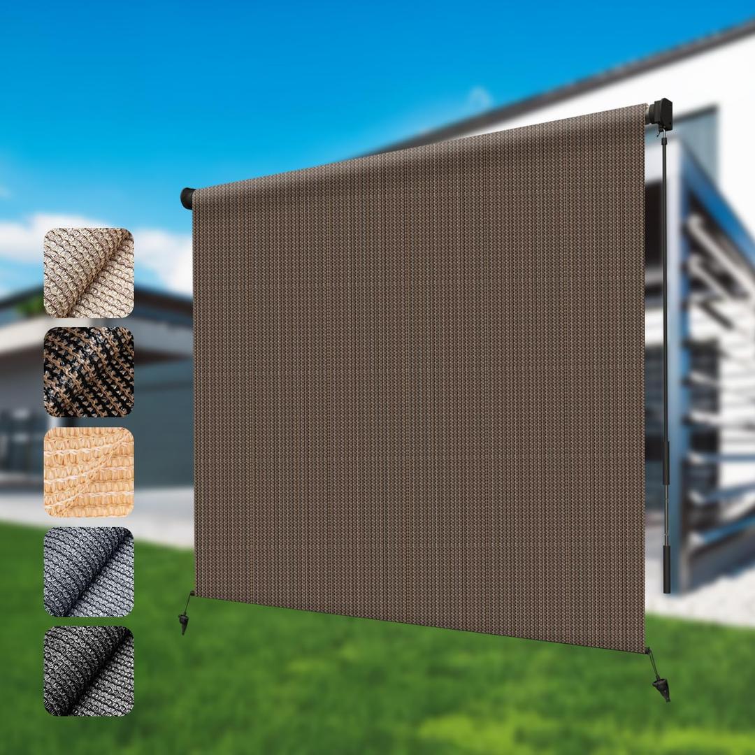 LOVE STORY 7'(W) x8'(H) Cordless Outdoor Roller Shade Exterior Patio Roll Up Blinds for Porch Gazebo Backyard, Mocha