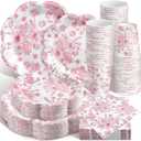 250 Pcs Pink Floral Disposable Plates and Napkins Pink and White Floral Tableware Set for 50 Guests Disposable Paper Plates Napkins Cups for Wedding Bridal Shower Party Supplies