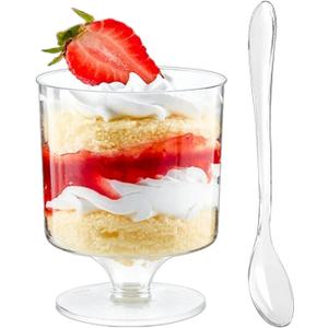 Zezzxu 5 oz Mini Dessert Cups with Spoons, 40 Pack Small Dessert Cups Plastic Footed Goblet Glasses for Serving Trifles, Appetizers, Puddings, Mousse, Parfait