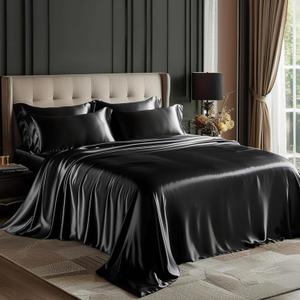 Love's cabin Satin Queen Sheets Set - 4 Piece Black Silky Bed Sheets Set with Deep Pocket, Luxury Silk Feel Satin Queen Size Sheet Set (1 Flat Sheet,1 Fitted Sheet,2 Pillow Cases)