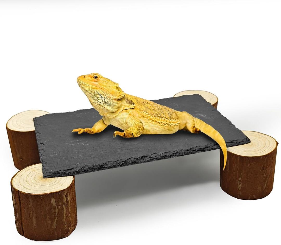 Bearded Dragon Basking Platform, 1062.4inch Reptile Heat Storage Slate Stone with Wooden Pile, Gecko Heating Rocks and Hide Cave, Reptile Basking Rocks for Lizards, Snakes, Chameleon, Turtle