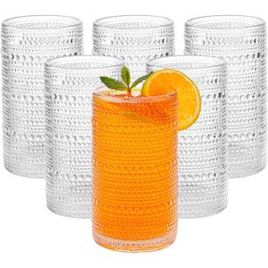 Large Vintage Hobnail Drinking Glasses Set of 6, 16oz Clear Highball Glasses Cups, Kitchen Water Glasses Cup, for Cocktail, Juice, Whiskey, Milk and Various Mixed Drinks