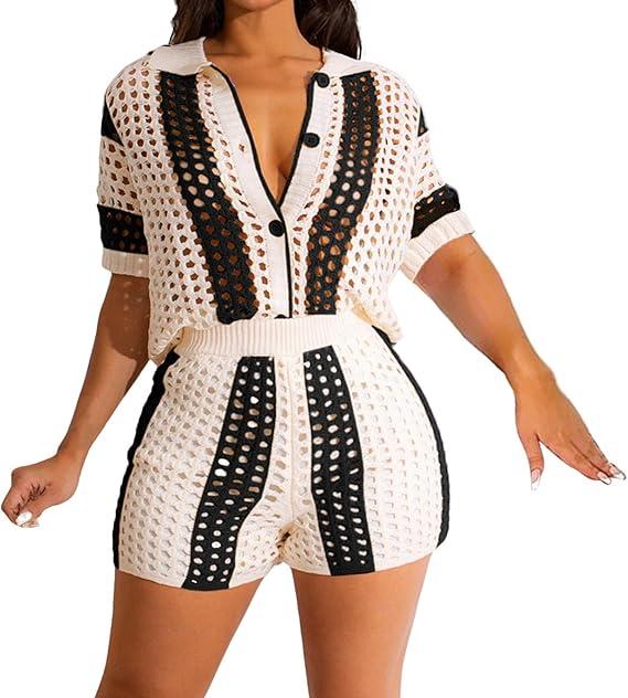 VOIKERDR Shorts Sets Women 2 Piece Outfits Crochet Hollow Out Shirt and Shorts Summer Vacation Beach Clothes, Small