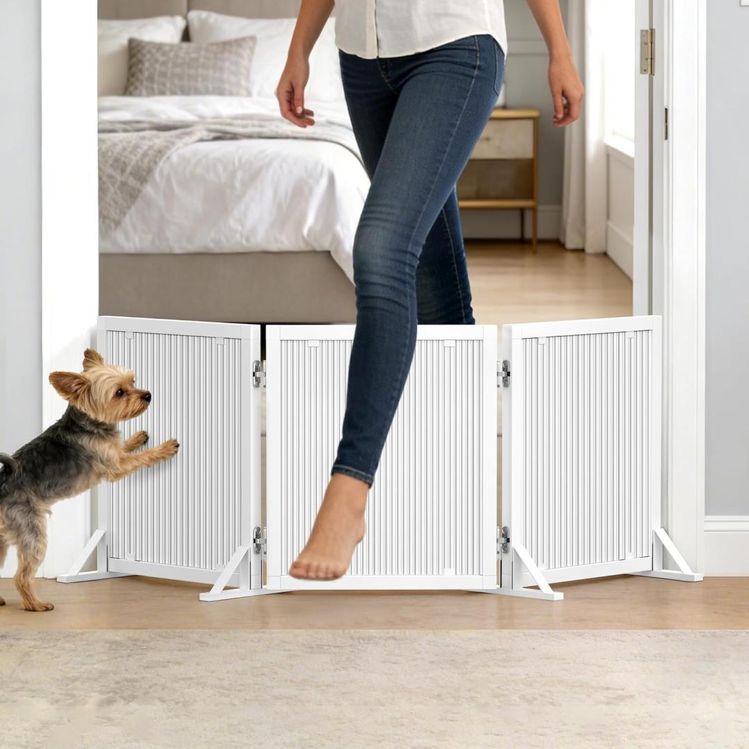 Short Dog Gate 15.7Inch High, Free Standing Dog Gates for Doorways, Pet Gate Indoor for Small Medium Dogs, Foldable Freestanding Puppy Gate for Stairs, Kitchen 3 & 4 Panel (White)