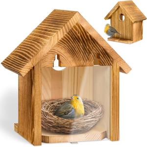 Window Bird Houses for Outside with 2 Powerful Hooks, Clear Window Bird House for Viewing Inside, Hanging Wooden Birdhouses to Paint for Outdoors, Bird Nesting Box for Bluebird Finch Chickadee (m, brown)