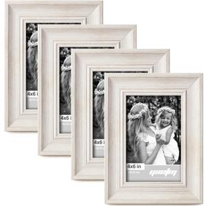 Yaetm 4x6 Picture Frame Set of 4, 1.4” Wide Molding & Rustic White Photo Frames with HD Tempered Glass, Display on Table Top & Wall Mounting (4 pack, White)