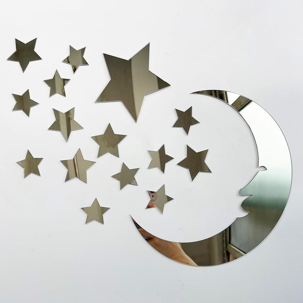 37pcs 3D Moon and Stars Silver Acrylic Wall Stickers with Adhesive Art Decal Satin Paper Baby Kids Bedroom Home DIY Decor Removable Stickers (Moon and Stars)
