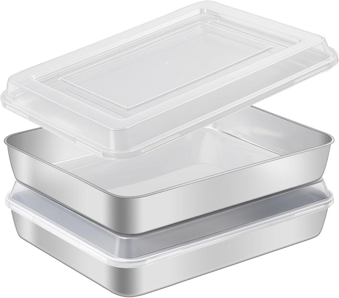 Stainless Steel Baking Pan with Lid, 2-Pack Rectangular Cake Pan Set, Non-Toxic & Heavy Duty Metal Bakeware for Brownie, Lasagna, Casserole, Roasting, Dishwasher Safe