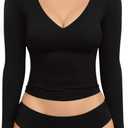 MANGOPOP Women's V Neck Long Sleeve Fitted T-Shirt (Medium)