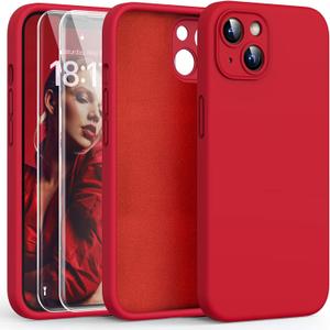 HATOSHI for iPhone 13 Case, Liquid Silicone Upgraded [Camera Protection] with [2 Screen Protectors], Soft Anti-Scratch Microfiber Lining Shockproof Phone Case for iPhone 13 6.1 inch, Red