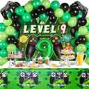 Vlipoeasn 90PCS 9th Birthday Video Game Party Decorations for Boys - Green '9' Foil Balloons, 9th Video Game Backdrop, Gamer Tablecloth, 85pcs Latex Balloons, Ribbon, Chain, Banner Rope