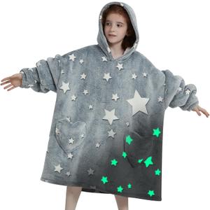 Wearable Blanket Hoodie for Kids Oversized Sherpa Blanket Hoodie for Kids Boys Girls Teens 6-13YR, Glow in The Dark Star