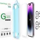 amFilm OneTouch Glass Screen Protector for iPhone 14 Pro 6.1 Inch 2022 with Camera Lens Protector, Easiest Installation, Dynamic Island Compatible, Bubble Free, Tempered Glass, 2+2 Pack