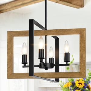 17" Farmhouse Wood Chandelier, (4-Light, 17-Inch), Rustic Dining Room Light Fixtures Over Table, Adjustable Hanging Light Fixture for Kitchen, Living Room, Foyer, Entryway