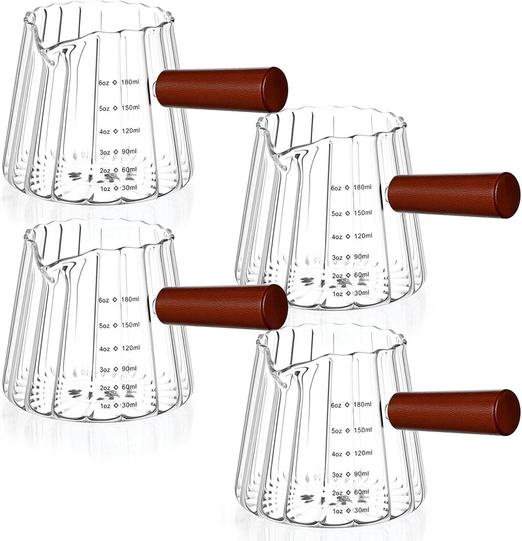 4 Pcs 6 Oz/ 180 ml Espresso Shot Glass with Wood Handle, Espresso Accessories, Single Spouts Milk Frother Measuring Cup with Clear Scale Heat Resistant for Coffee Milk Tea Syrup