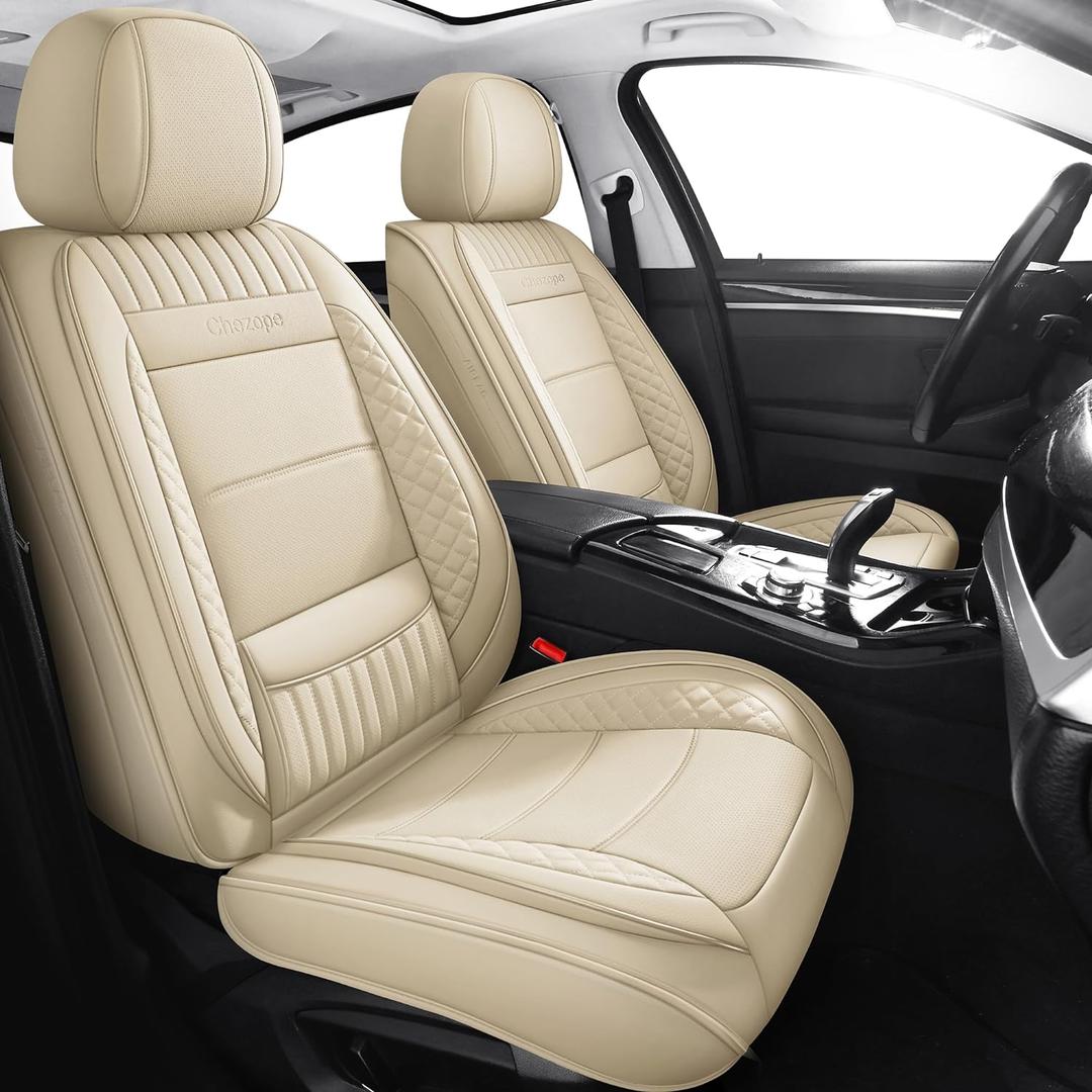 Leather Seat Covers, Beige Car Seat Covers Front Pair, Breathable Car Seat Protectors, Wear-Resistant Car Accessories, Universal Fit for Most Cars,SUVs Truck (Beige-Stripes, Front Pair)