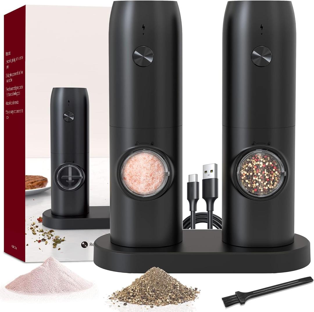 Electric Salt and Pepper Grinder Set of 2, Automatic Pepper Mill, USB Rechargeable, Adjustable Coarseness, One-handed Operation, Ceramic Burr, Refillable, Auto Grinders with Charging Base LED Light (Regular Size)
