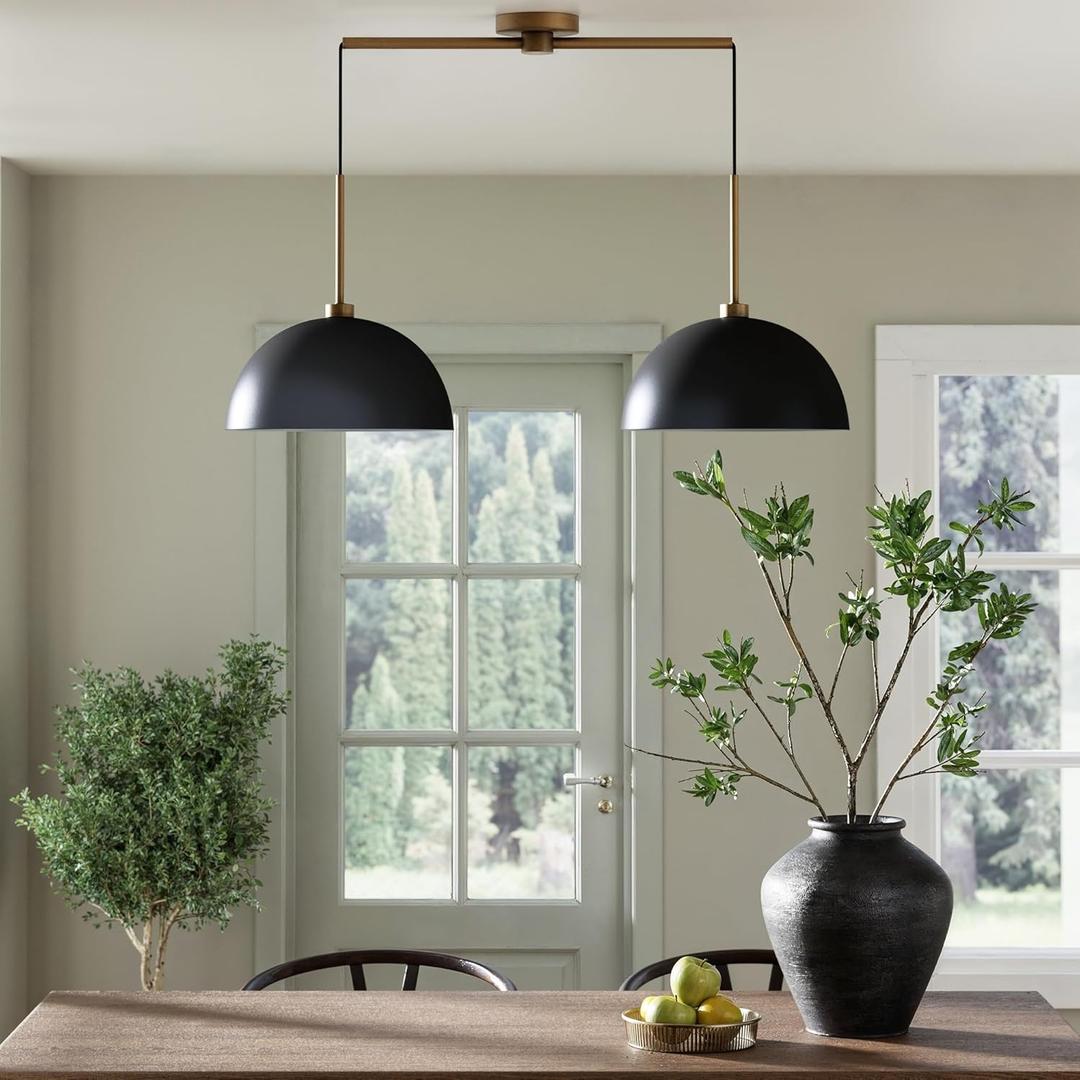 Nathan James Percy Modern 2-Light Pendant Island Light Fixture, Hanging Lights with Metal Shade and Adjustable Cord, for Kitchen, Living Room, Black/Vintage Brass (Set of 1)