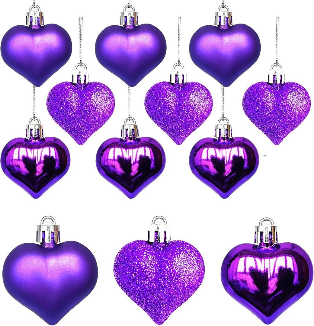 12Pcs Heart Ornaments Multi Finish Heart Baubles Hanging Ornaments for Valentines Day Decor Mother's Day Christmas Tree Wedding Anniversary Party Decoration(Purple)