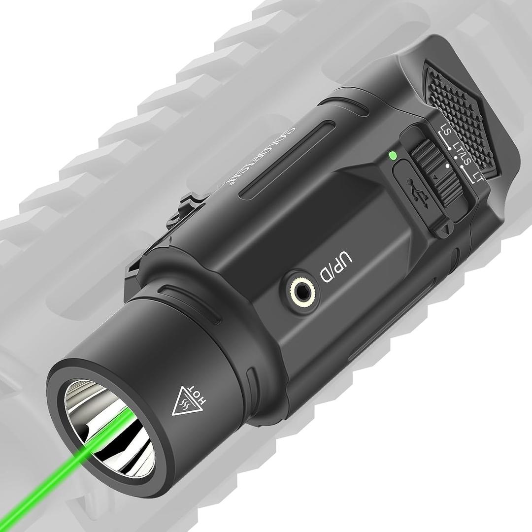Solofish 1500lm Slidable Tactical Flashlight with Green Beam Compatible with Picatinny Rail for Rifle (Not for Pistol), Rechargeable Weapon Light with Strobe/Momentary/Power Indicator