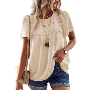 Womens Summer Tops Crewneck Short Sleeve Shirts Casual Chiffon Blouses Flowy Lace Hem Boho Clothing Trendy 2025 (Medium, Apricot)