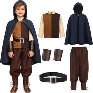 Latocos 6pcs Kids Medieval Costume Boys Renaissance Shirt Costume Hooded Pants Belt Wrist Guards Knight Outfit Halloween Set (140)