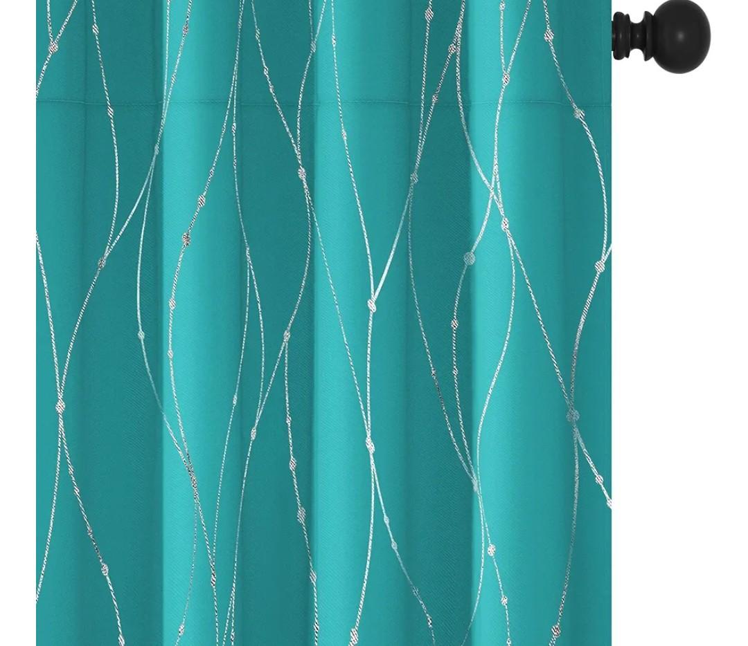 Deconovo Blackout Back Tab Curtains with Silver Wave Dots Pattern, Room Darkening, Heat Blocking, Energy Saving Drapes for Bedroom, Living Room, 2 Panels, Turquoise, 52W x 90L Inch