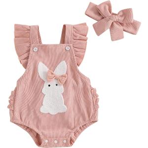 Nicoxijia Newborn Baby Girl Easter Outfit Bunny Carrot Embroidery Ruffle Sleeve Romper Bodysuit Jumpsuit with Headband Outfit (Pink, 0-3 Months)