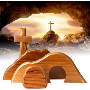 Easter Resurrection Scene Set, Easter Wooden Decorations Religious, Jesus Nativity Christ Statue Decoration, Empty Tomb Tabletop Ornaments Cross Figurines Decor Gift for The Home, Tabletop, Office1