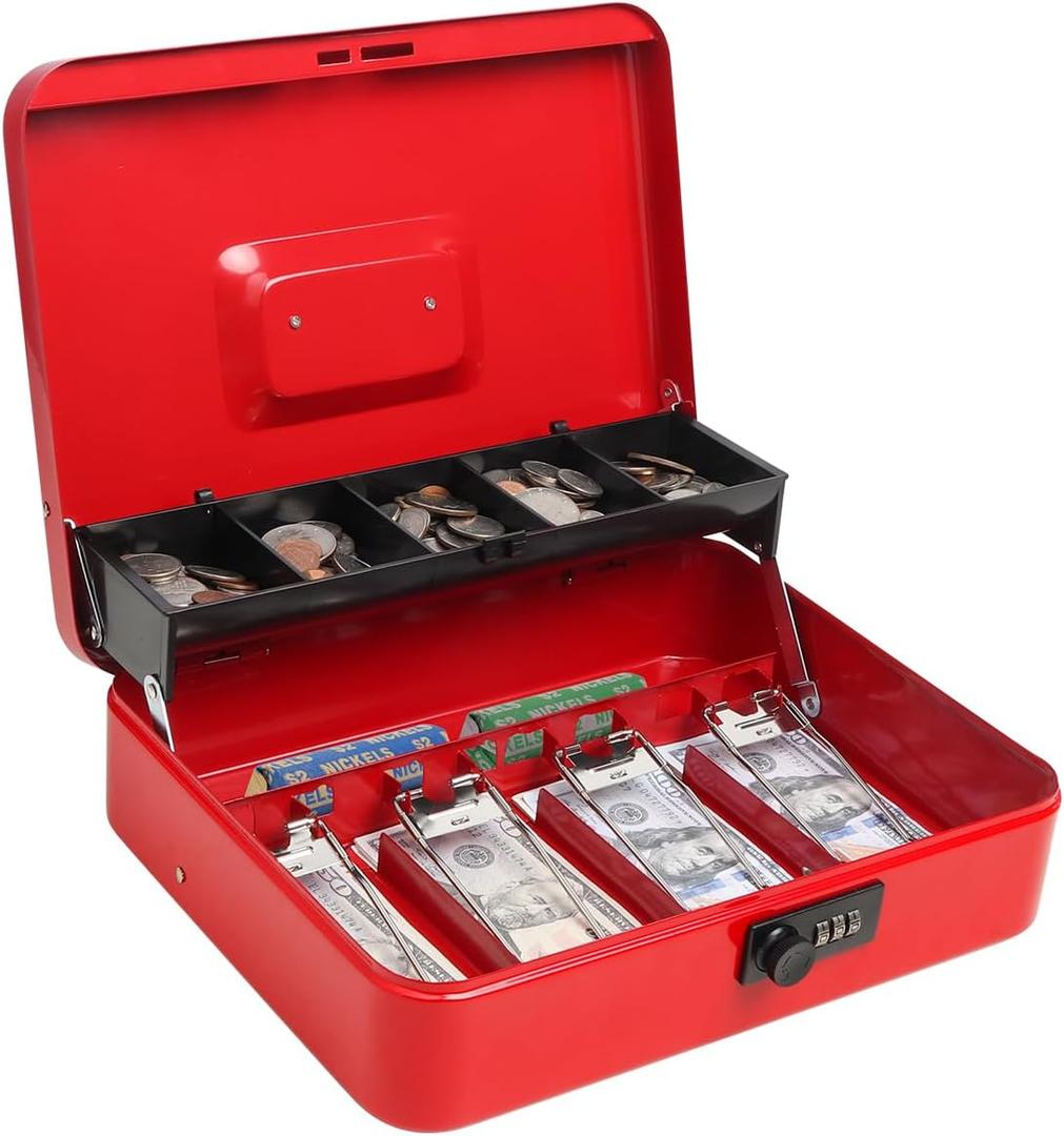 Cash Box with Money Tray and Combination Lock, Parrency Large Money Box, 5 Compartments for Cions & 4 Spring-Loaded Clips for Bills, 11 4/5" x 9 2/5" x 3 1/2", Red