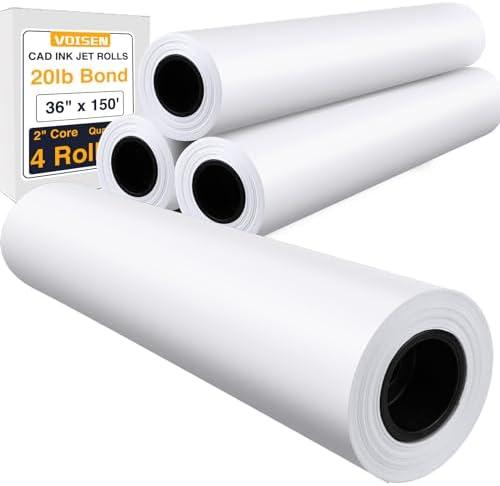 VOISEN Wide Format Paper,4 Rolls Plotter Paper 36 In x 150 Ft, CAD Bond Rolls,20lb,Bond Paper on 2" Core for CAD Printing on Wide Format Ink Jet Printers