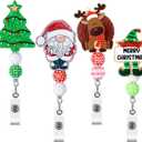 Landical 4 Pack Christmas Badge Reels Retractable Glitter Santa Reindeer Nurse Badge Holder with Swivel Alligator Clip for Christmas Nurse Doctor Office Worker Gift ID Name Tag Decorative Metal Clips