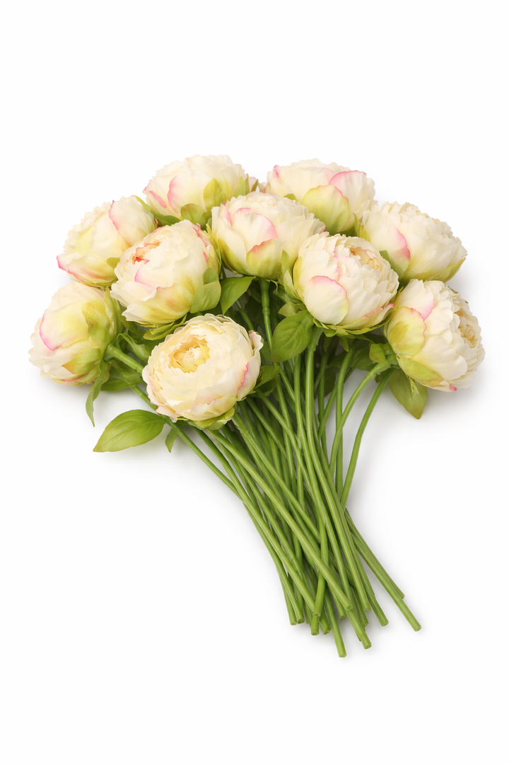 Artificial Peony Flower Bouquet – Cream White with Pink Edges, Realistic Silk Flowers for Home & Wedding Décor