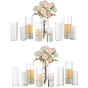 Glasseam Glass Cylinder Candle Holder, Clear Ribbed Vase Set of 18, Hurricane Pillar Candle Holder, Floating Candle Holders for Table Centerpiece, Flute Flower Vases for Centerpieces Dining Table