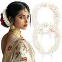 Dingion 2 Pack 10inch Indian Hair Accessories Long Artificial Mogra Gajra for Bride Scented Jasmine Flowers Bracelet Garland Plastic Hair Accessory for Wedding Party Dance Competition(Unfold)