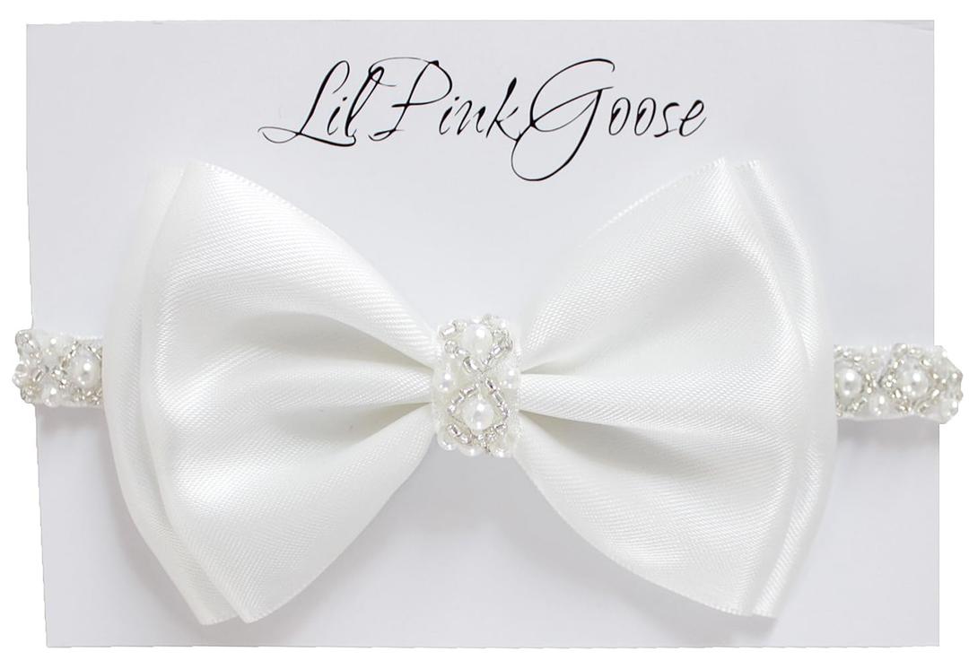 0-12 Newborn Baby Baptism Pearl Headband with Bow in WHITE Christening Headband with Satin Bow, Pearl Rhinestone Band (Off White, 3-6Months)