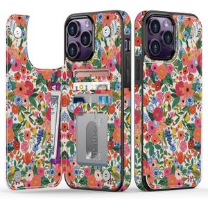Goodon for iPhone 13 Pro Max Case Wallet - Flip Folio Leather Cover with Trendy Floral Design, 4 Card Slots & Kickstand Function, Protective Phone Case for Women and Girls - Flower Garden