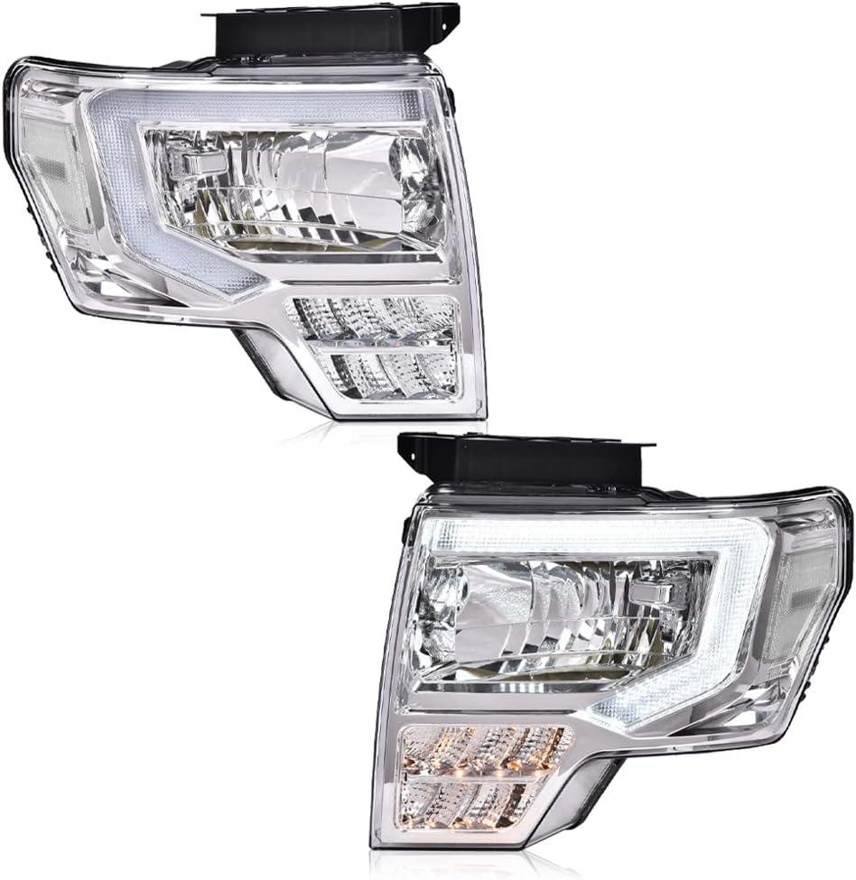 PIT66 LED Front Headlight Assembly Fit Ford F150 2009-2014 | Driver & Passenger Side Headlamps Replacement, Clear Lens, Chrome Housing, Clear Reflector