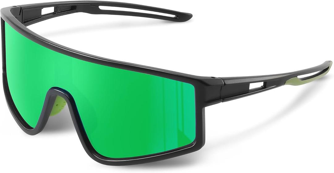 Sports Baseball Cycling Sunglasses for Men:Polarized Sunglasses for Women Youth UV400 Protection Running Sunglasses - Black Frame Green Lens, Large