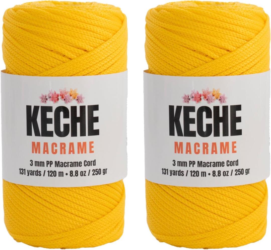 Macrame Cord | Macrame Supplies 3mm Polyester Macrame Rope Yarn for Table Runner Wall Dcor Plant Hanging 131 Yards Pack of 2 - Yellow (2 SKEINS, 057 - Yellow)