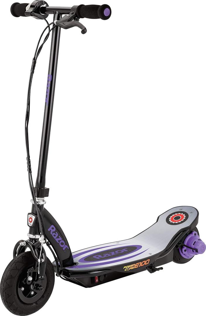 Razor Power Core E100 Electric Scooter for Kids Ages 8+ - 100w Hub Motor, 8" Pneumatic Tire, Up to 11 mph and 60 min Ride Time, for Riders up to 120 lbs (Purple)