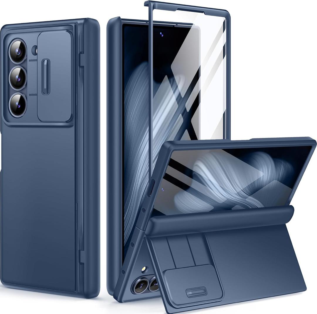 BERFY for Z Fold 6 Case with Screen Protector, Hidden Kickstand & Slide Camera Cover, Full Body Heavy Duty Shockproof Slim Hinge Hard Protective Phone Case for Samsung Galaxy Z Fold 6 5G, Dark Blue
