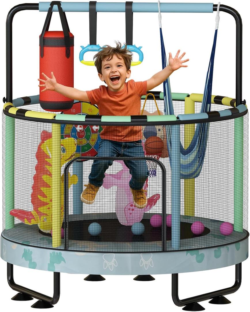 LAMERGE 55" 7-in-1 Round Trampoline for Kids Boys & Girls Ages 1-8, Indoor & Outdoor Trampoline for Fun, Adjustable Height Handrail  Enclosed Safety Net  Durable Designs for Toddlers Children (Small, Blue Dinosaur)